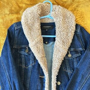 Dark wash denim jacket with fur/sherpa